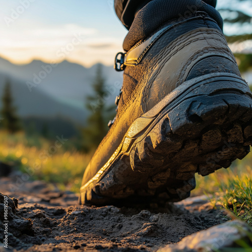 An adult boot taking its first step on the hiking trail