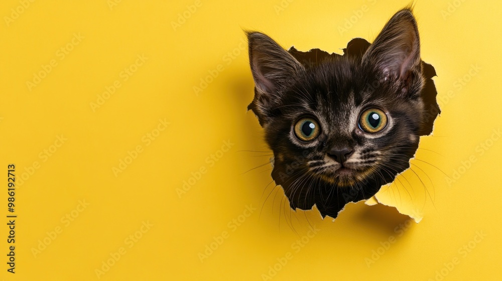 A curious black kitten with green eyes peeks through a torn yellow background, looking playful and mischievous. A curious black kitten with green eyes peeks through a torn yellow background, looking playful and mischievous.