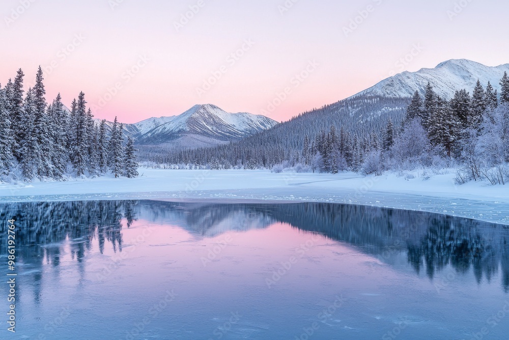 Fototapeta premium Serene Frozen Lake Snow Mountain Top at Dawn. Pastel Color Background