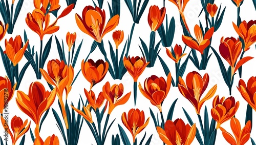 Burnt orange crocuses block print seamless plain white background design