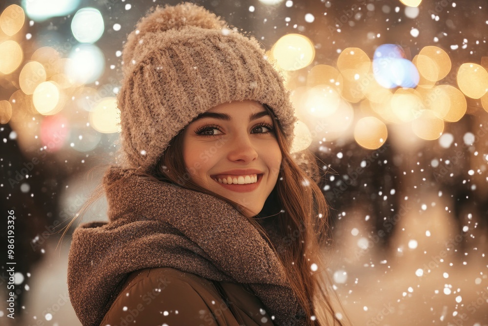 Holidays, christmas, winter and people concept - smiling young woman in warm clothes over snowy city street background with generative ai Holidays, christmas, winter and people concept - smiling young woman in warm clothes over snowy city street background with generative ai