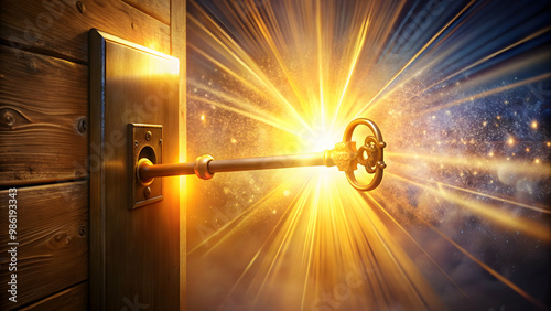 Magical key opening door to dimension of light with golden light, magic, key, door, dimension, light, golden, mystical photo