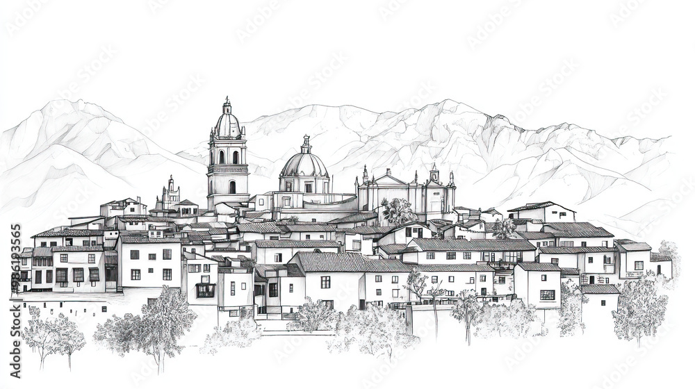 Fototapeta premium Cusco, Peru, black and white pen pencil hand-drawn effect drawing illustration for travel poster, card, wallpaper, backdrop or banner. Modern, clear, artistic and simple