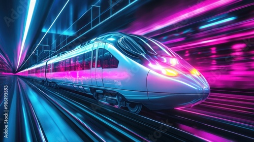 A sleek, silver high-speed train zips through a neon tunnel.