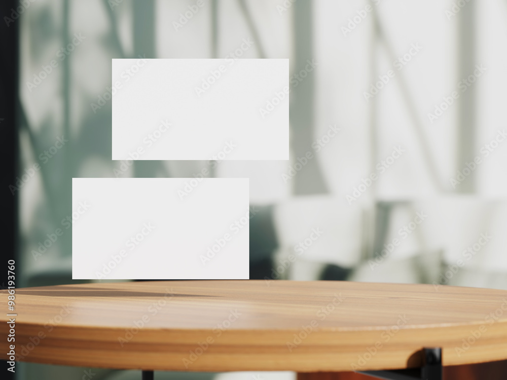 Clean minimal business card mockup on table with office background Clean minimal business card mockup on table with office background