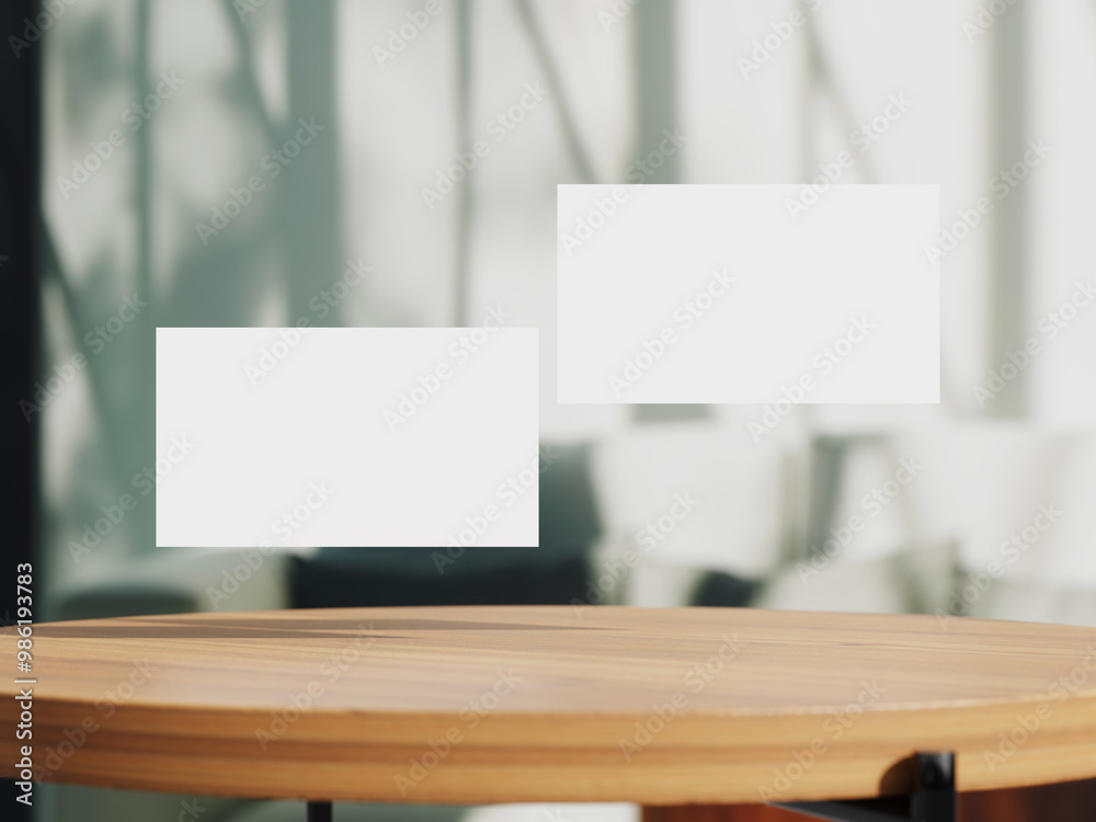 Clean minimal business card mockup on table with office background Clean minimal business card mockup on table with office background