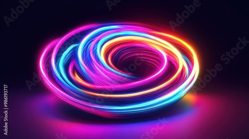 Abstract swirling neon light orb on black background.