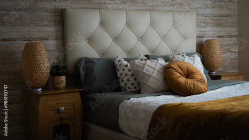 Photos Dormitorio elegante con fondo de madera y cojines sobre la cama