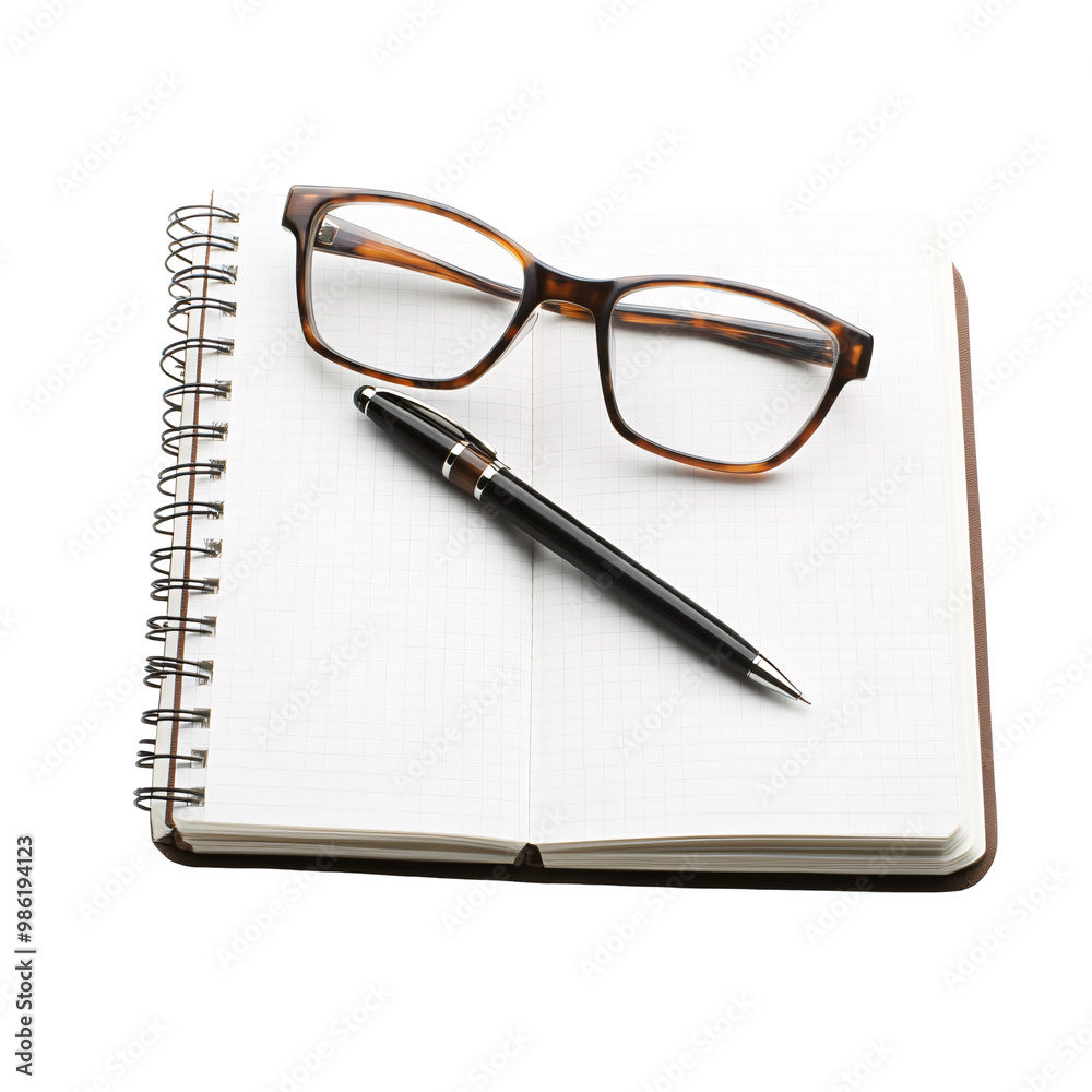 Stylish brown eyeglasses and a pen resting on an open notebook. Stylish brown eyeglasses and a pen resting on an open notebook.