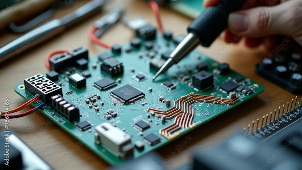 Obraz premium Generative AI, a close up of a computer chip with a pen on top of it and a micro processor in the background, technology, computer graphics, les automatistes 
