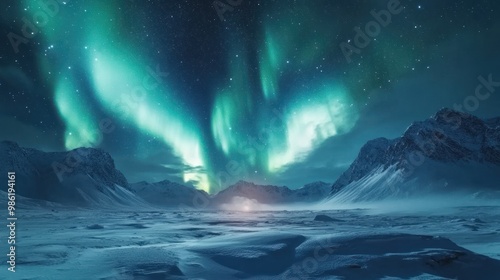 Green aurora borealis lights up the night sky above a snow-covered mountain range.