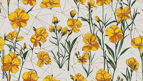 Gold primroses geometric sketch seamless plain white background design