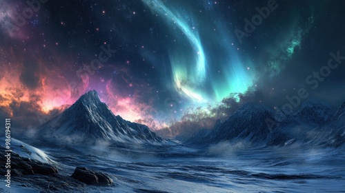 A stunning view of a snowy mountain range under a starry night sky.
