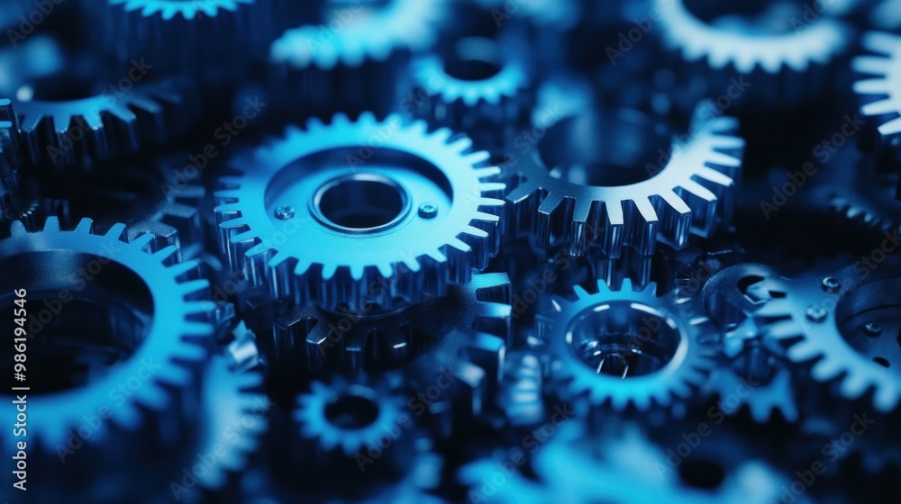 Close-up of metallic blue gears interlocked together. Close-up of metallic blue gears interlocked together.