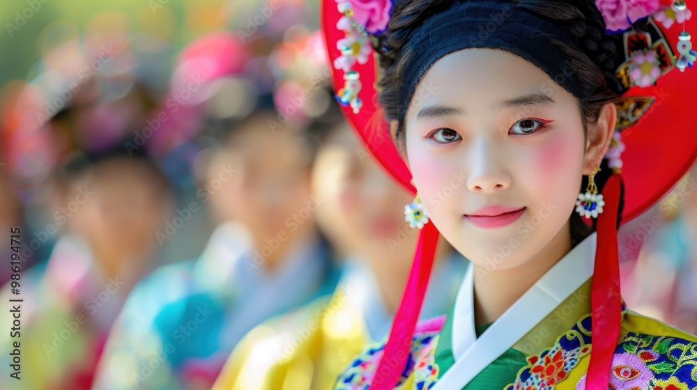 Fototapeta premium A South Korean teenager participating in a traditional cultural event, dressed in colorful attire