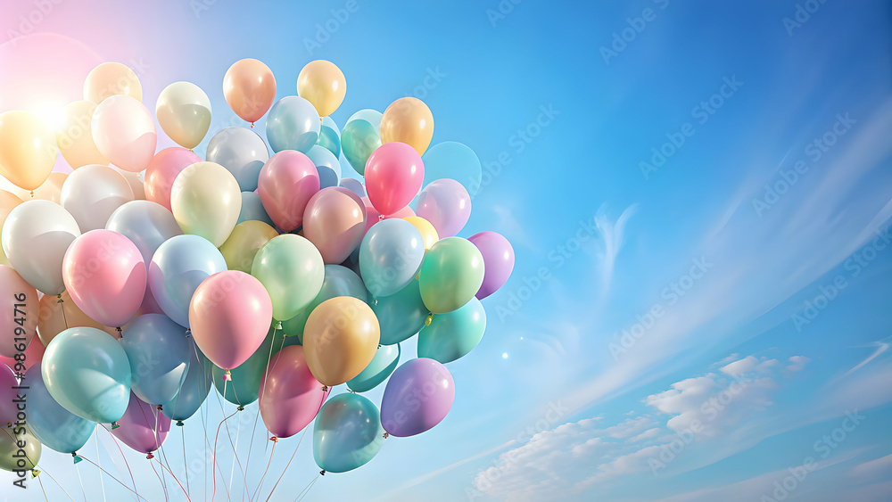 Whimsical background with pastel-colored balloons floating in a clear blue sky, Birthday, party, backdrop, balloons, pastel