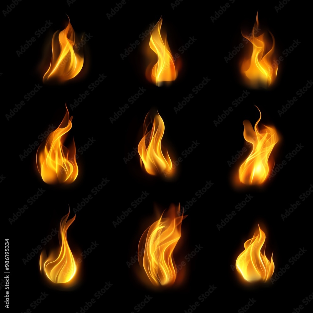 A collection of vibrant flame illustrations on a black background, showcasing various shapes and sizes of fire. A collection of vibrant flame illustrations on a black background, showcasing various shapes and sizes of fire.