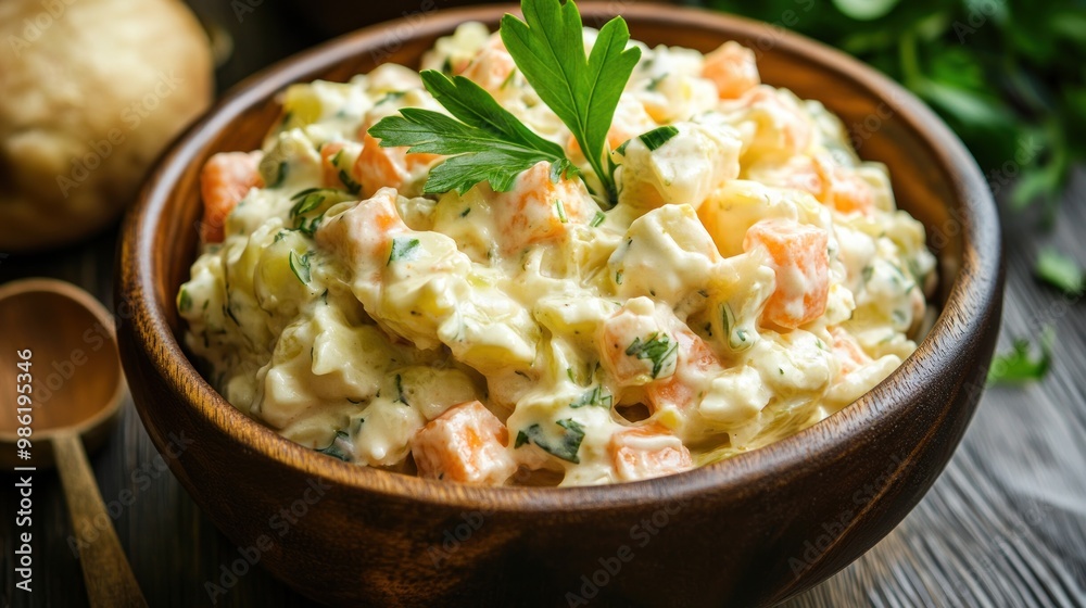 Closeup of a wooden bowl filled with creamy potato salad with fresh parsley. Closeup of a wooden bowl filled with creamy potato salad with fresh parsley.