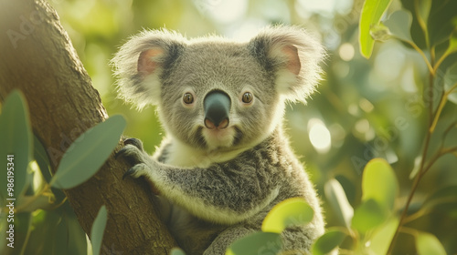 Koala Climbing Tree at Sunrise with Soft Green Foliage in Background