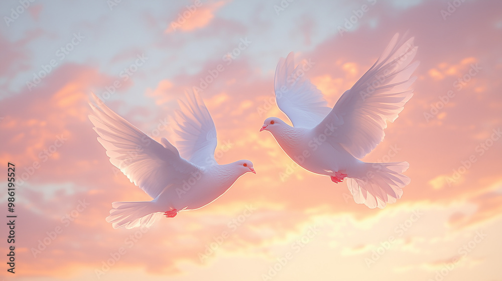 Two White Doves in Mid-Air Flight During a Soft Sunset with Pink Clouds and Golden Light Two White Doves in Mid-Air Flight During a Soft Sunset with Pink Clouds and Golden Light