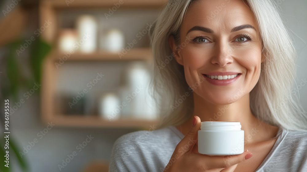 Mature Beautiful Woman Presenting a Skincare Jar with Blank Label Mockup for Cosmetics Branding and Product Promotion Mature Beautiful Woman Presenting a Skincare Jar with Blank Label Mockup for Cosmetics Branding and Product Promotion