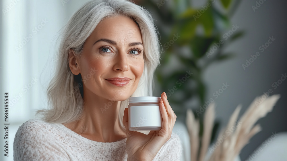 Mature Beautiful Woman Presenting a Skincare Jar with Blank Label Mockup for Cosmetics Branding and Product Promotion Mature Beautiful Woman Presenting a Skincare Jar with Blank Label Mockup for Cosmetics Branding and Product Promotion