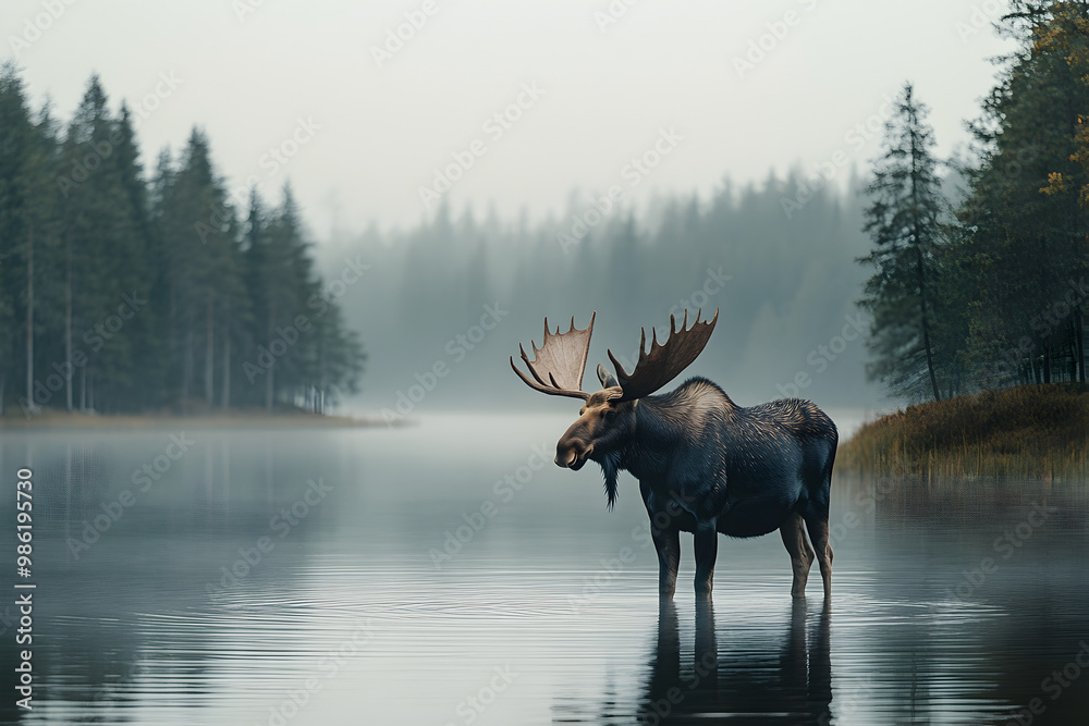 Fototapeta premium Moose Standing in a Calm Lake, Forested Landscape and Wildlife Scene