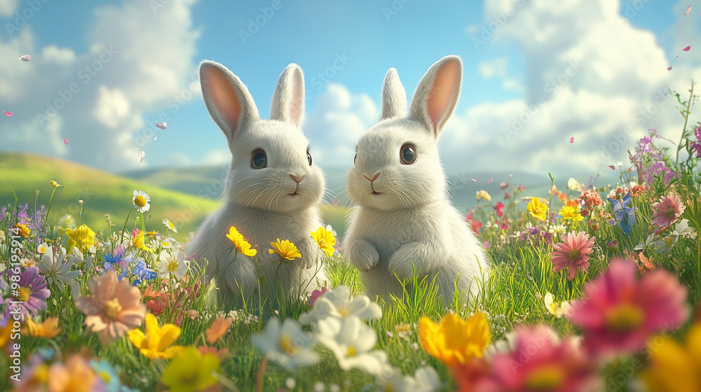 Two White Bunnies in a Blooming Flower Meadow on a Bright Day