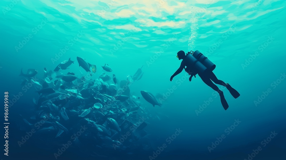 Diver Exploring a School of Fish Underwater Diver Exploring a School of Fish Underwater