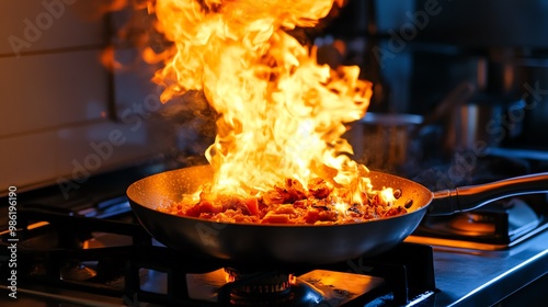 A vibrant kitchen scene showcasing a pan engulfed in flames, capturing the dynamic essence of cooking and culinary excitement. photo