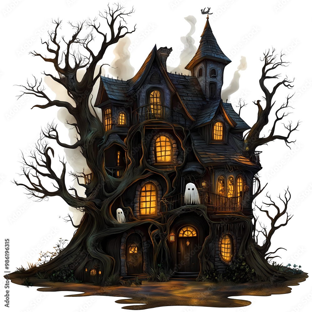 A creepy house with a tree growing out of it. The house is surrounded by trees and has a spooky atmosphere