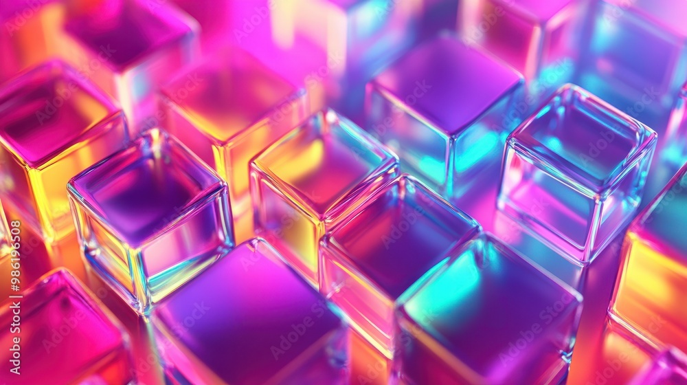 Abstract 3d background wallpaper with glass squares with colorful light emitter iridescent neon holographic gradient. Design visual element for banner header poster or cover. Abstract 3d background wallpaper with glass squares with colorful light emitter iridescent neon holographic gradient. Design visual element for banner header poster or cover.