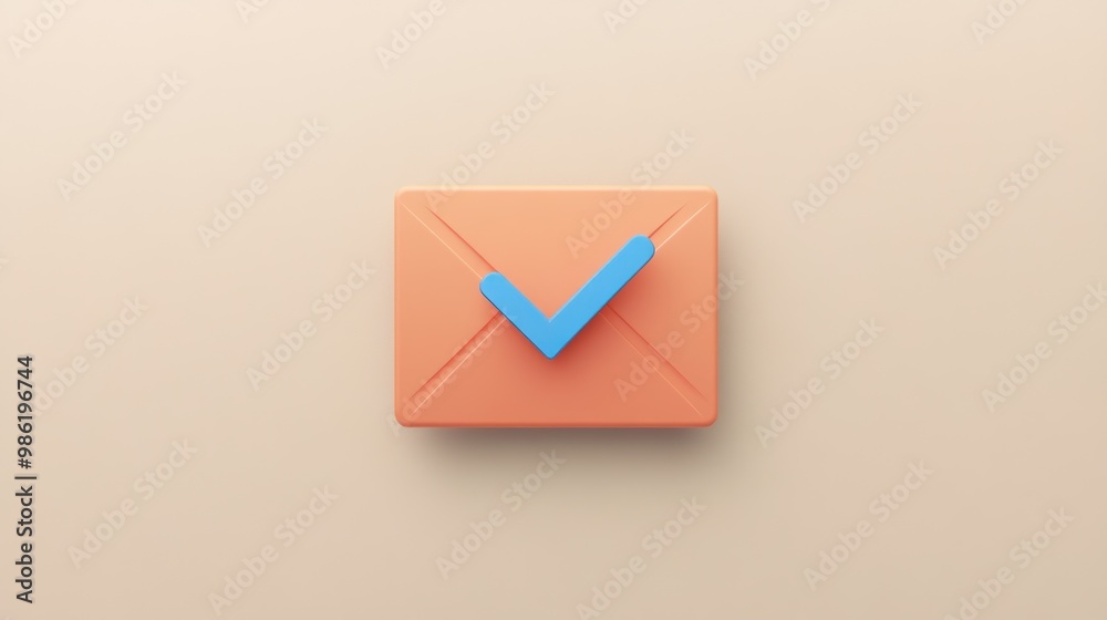 A 3D render of an orange envelope with a blue checkmark on a beige background.