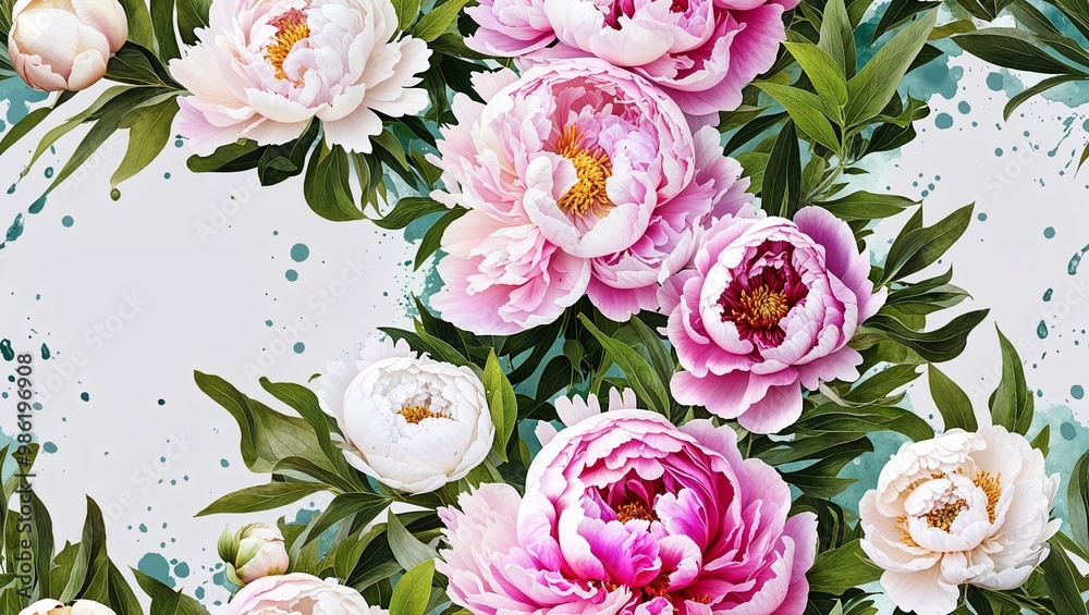Pearl white peonies watercolor splash seamless plain white background design Pearl white peonies watercolor splash seamless plain white background design