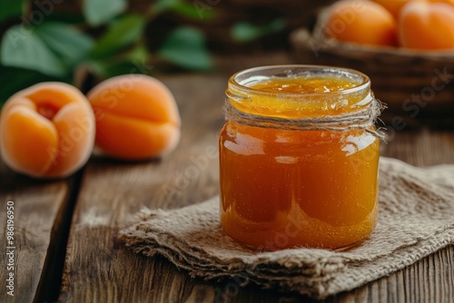 Homemade apricot jam in a glass jar on a wooden background with generative ai photo