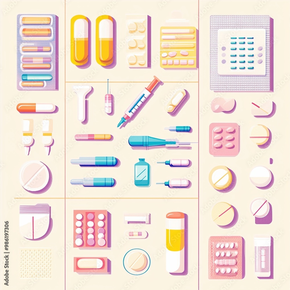 Clear, flat illustrations of devices such as IUDs, pills, and patches Clear, flat illustrations of devices such as IUDs, pills, and patches
