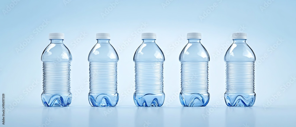 Clear water bottles on light blue background Clear water bottles on light blue background