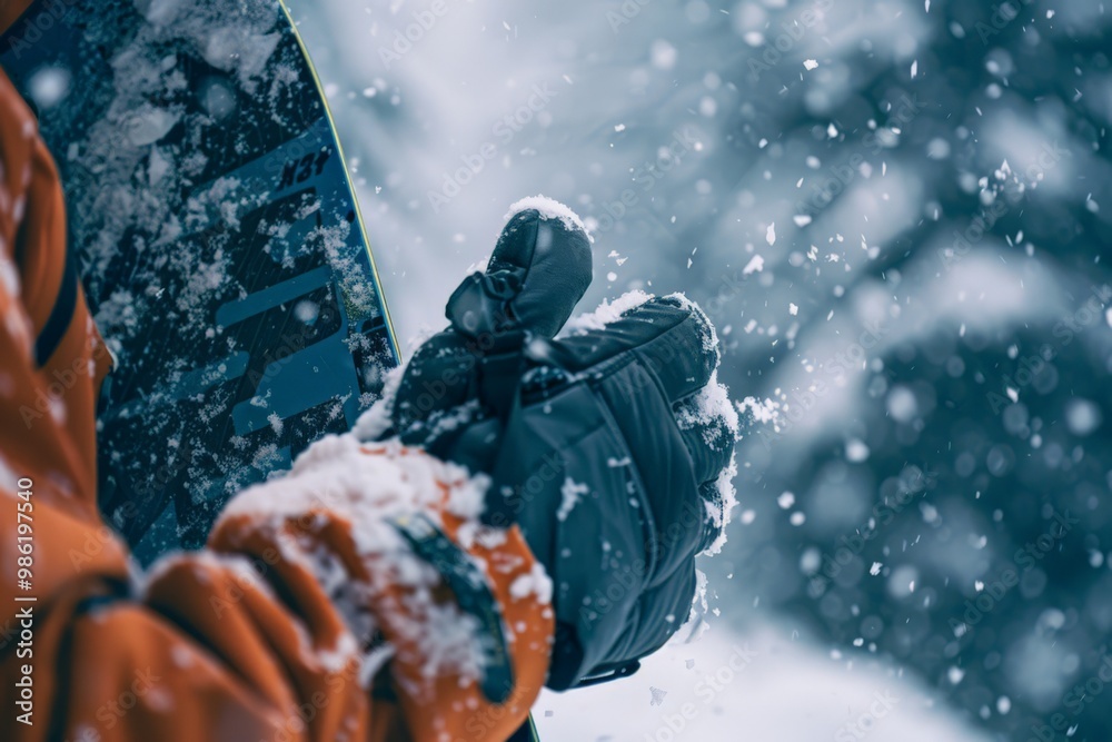 Snowboarder Tightening Gloves in Snowy Mountains Snowboarder Tightening Gloves in Snowy Mountains