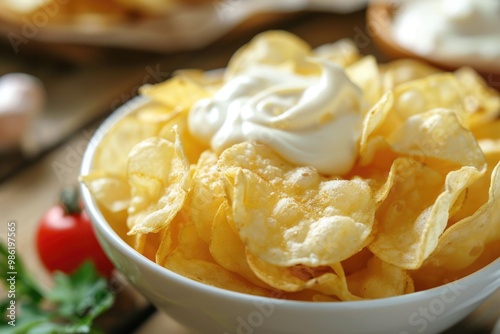 Bowl of Chips. Close-Up Shot of White Bowl with Potato Fries and Mayo Dip