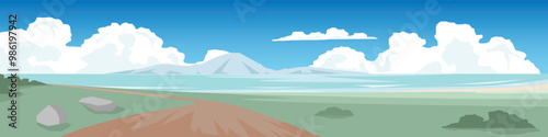 Curvy of dirt path leads to a pristine beach overlooking the ocean. Serene beach scene with rolling hills and fluffy clouds. landscape perfect for a peaceful getaway. Under blue sky and white clouds.