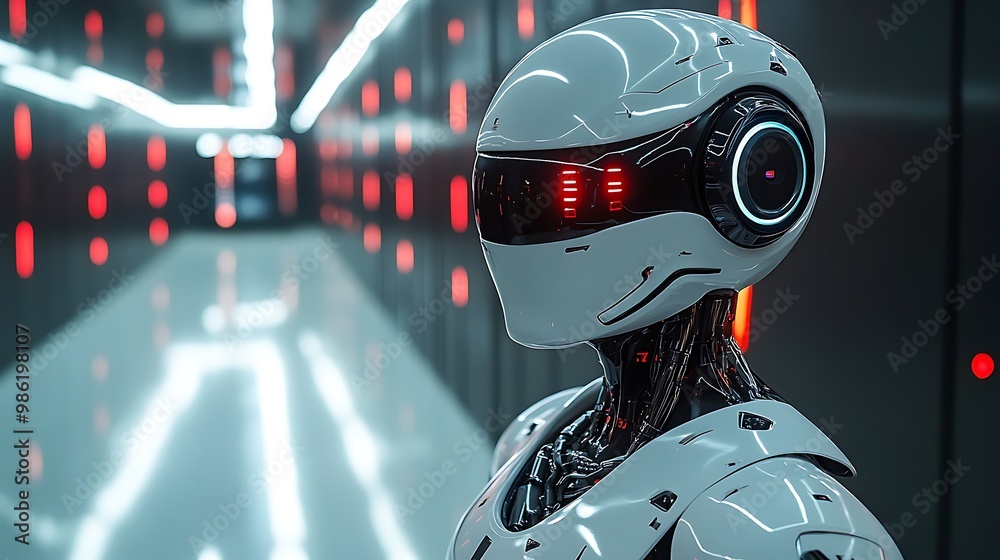 A futuristic robot stands in a data center, its glowing red eyes reflecting the server racks behind it. A futuristic robot stands in a data center, its glowing red eyes reflecting the server racks behind it.