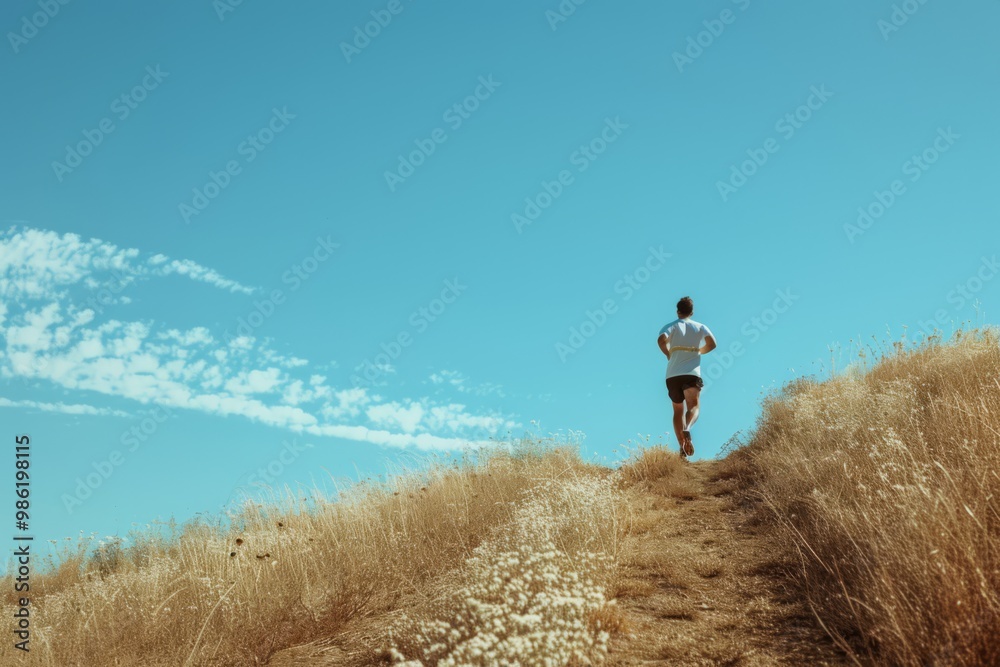 Man Running on Trail with Blue Sky Man Running on Trail with Blue Sky
