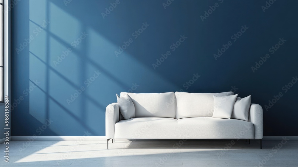 Minimalist living room with a white couch and a blue wall with window light shining through. Minimalist living room with a white couch and a blue wall with window light shining through.