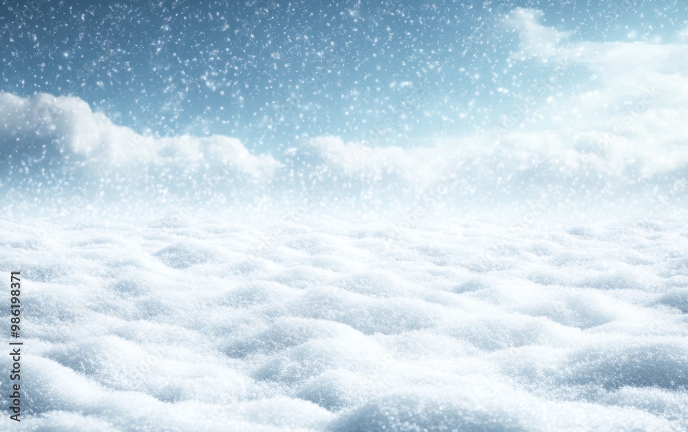 Obraz premium Vast snowy landscape with gently rolling snow hills under a cloudy sky, with snowflakes softly falling, creating a calm winter scene.