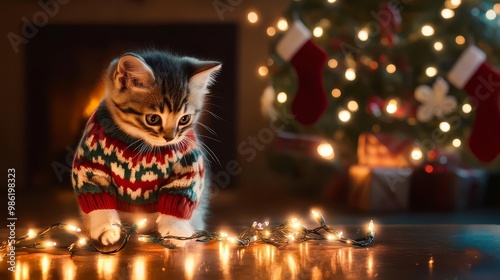 Charming kitten in a holiday sweater, playing with glowing Christmas lights near a cozy fireplace Christmas tree and decorations in the background add to the festive ambiance