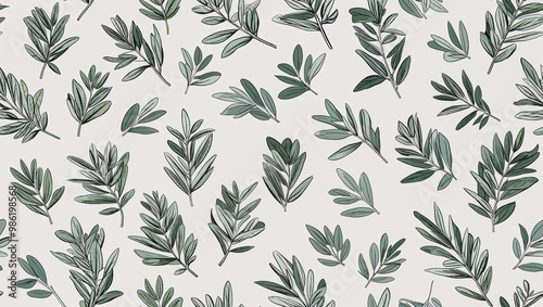 Sage olive leaves fine sketch seamless plain white background design