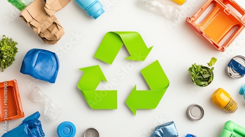 Recycling symbol with plastic waste, isolated.