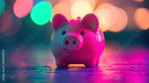 Pink piggy bank on a colorful bokeh background.