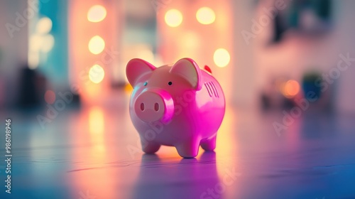 Pink piggy bank on a table with colorful bokeh lights in the background.