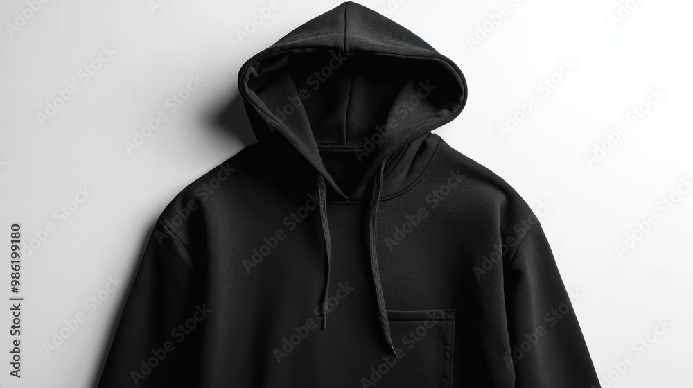 Black hoodie with drawstring and pocket on white background. Black hoodie with drawstring and pocket on white background.